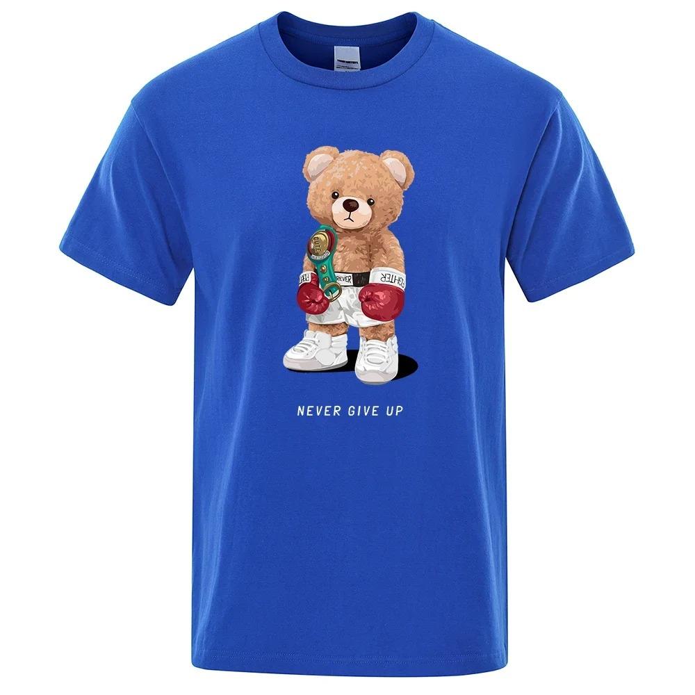 strong Boxer Teddy Bear Never Give Up Print Funny T-Shirt Men Cotton Casual Short Sleeves Loose Oversize S-XXXL Tee Clothing