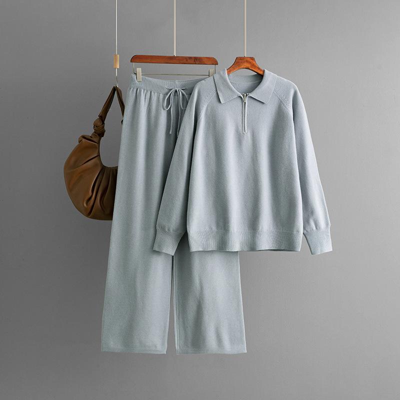 Fashion Set Women's Autumn Winter Polo Collar Half Zipper Casual Knitted Sweater Wide Leg Pants Two Piece Set