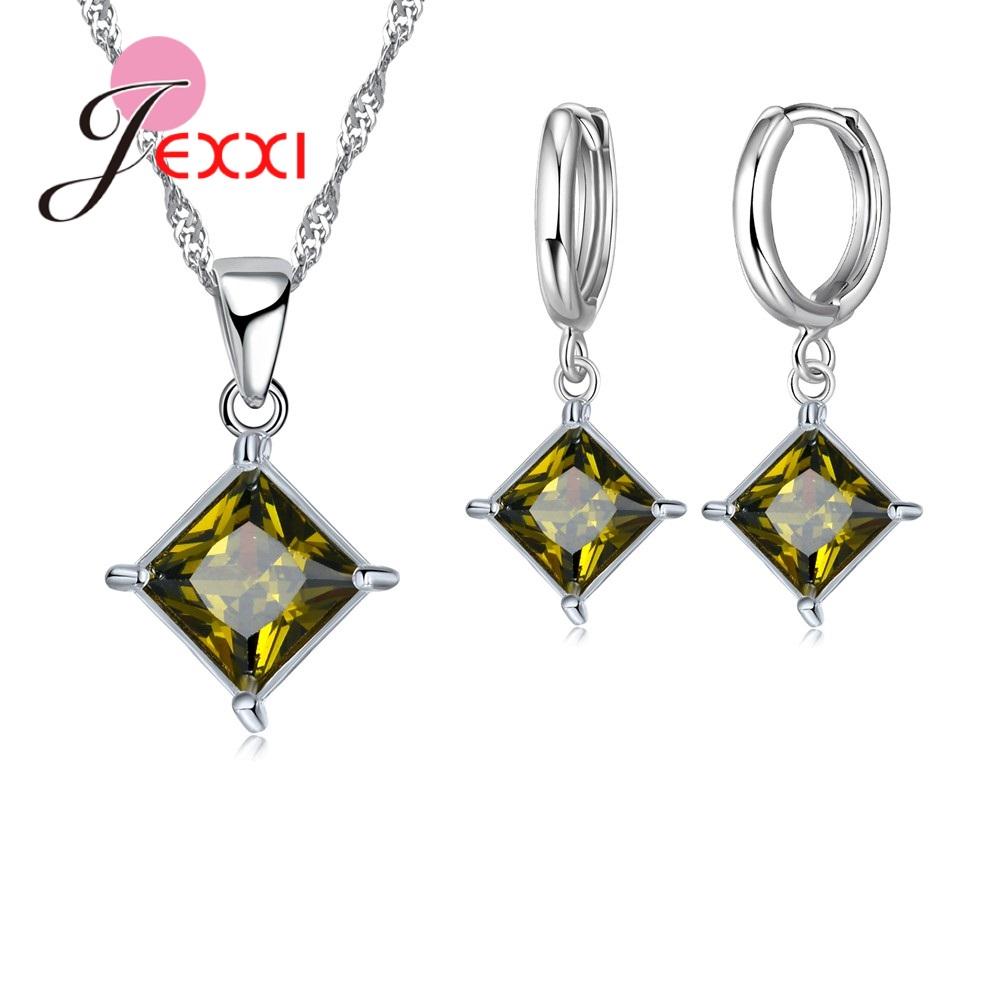 Exquisite Beautiful Colorful Square Crystal Girlfriend Gift Engagement Jewelry 925 Sterling Silver for Fashion Women