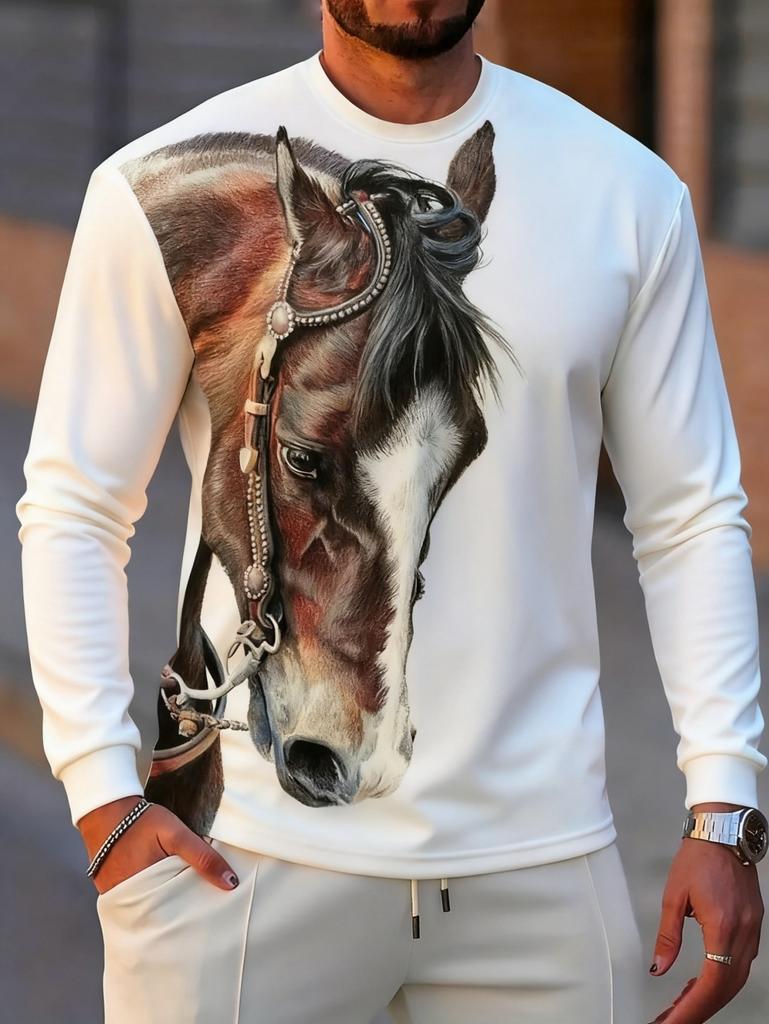 Men's T-Shirt Running Horse Graphic 3D Print Fashion Long Sleeve Crew Neck Unisex Tee Shirt Casual Summer Personality Men's Top