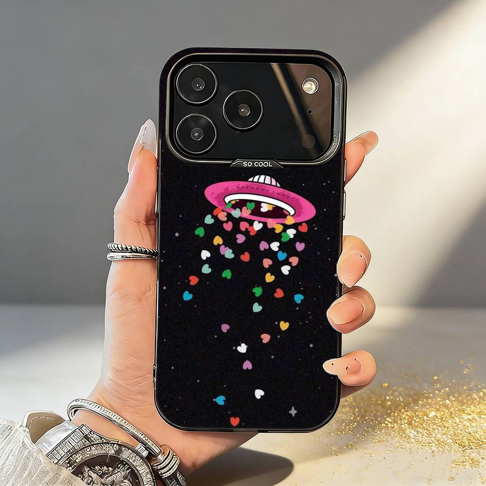 Cartoon S-Space A-Alien UFO Phone Case For iPhone17,16,15,14,13,12,11,Pro,MAX Gray Matte Silicone Black Cover