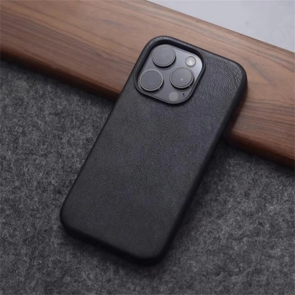 Retro Crazy Horse Leather MagSafe Phone Case For iPhone 16 Pro 15 14 13 12 17 Pro Max Simple Leather Texture Magnetic Phone Case