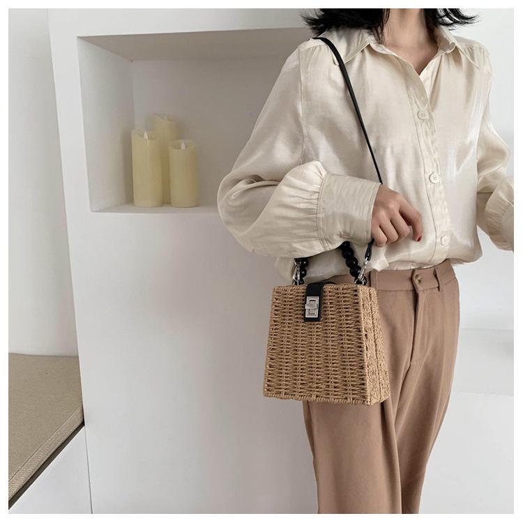 Small Box Beads Handle Straw Bag Portable Messenger Handmade Handbag Straw Bags Beach