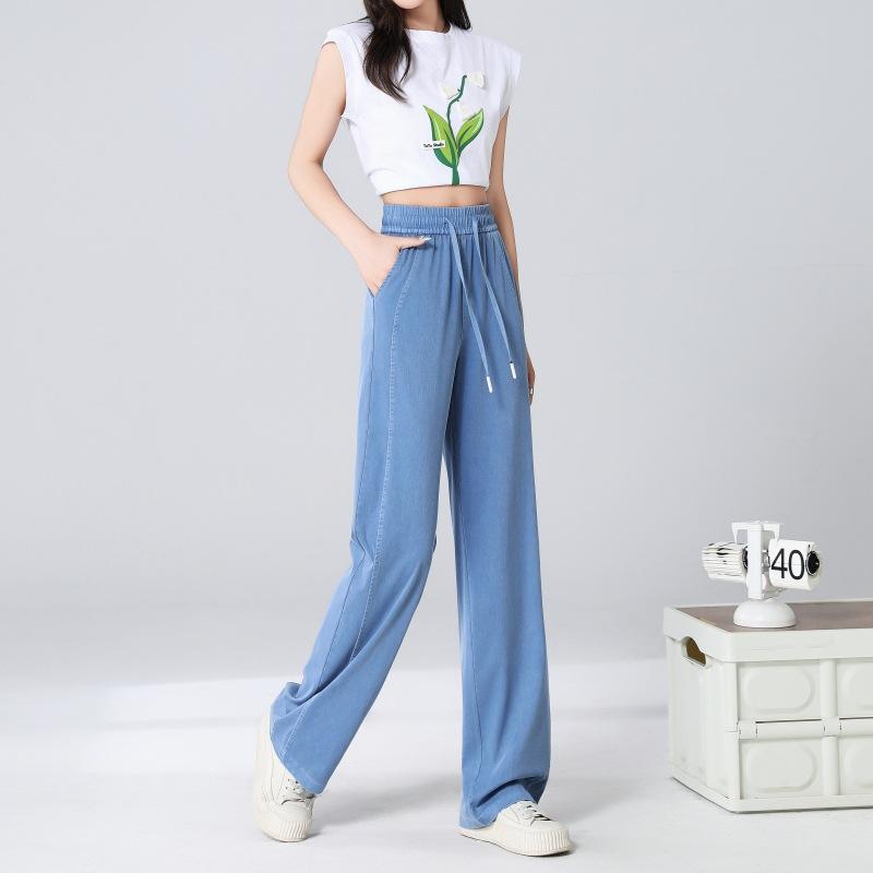 Letní Nové Kalhoty s Širokými Nohavicemi s Vysokým Pasem Temperamentní Dojíždění Kalhoty s Rovnými Nohavicemi Prodyšné Tenké Kalhoty