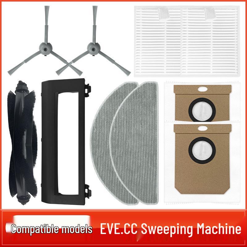 Compatible Accessories for Roidmi EVE CC Robot: Main Brush, Roller Brush, Side Brush, Corner Brush, Mop Cloth, and Dust Bag.