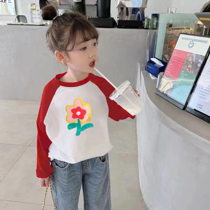 Girls Cotton Long Sleeve T Shirt Cute Print Block Spring Autumn Casual Top For Kids