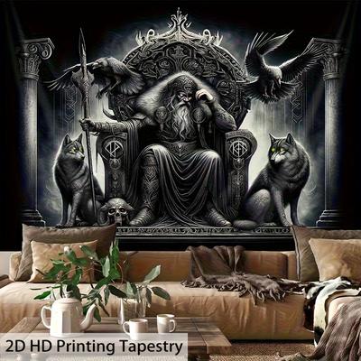 Viking Tapestry -  Norse Viking Ships & Norsemen Skalds, Horizontal Wall Hanging for Themed Living Room Decor