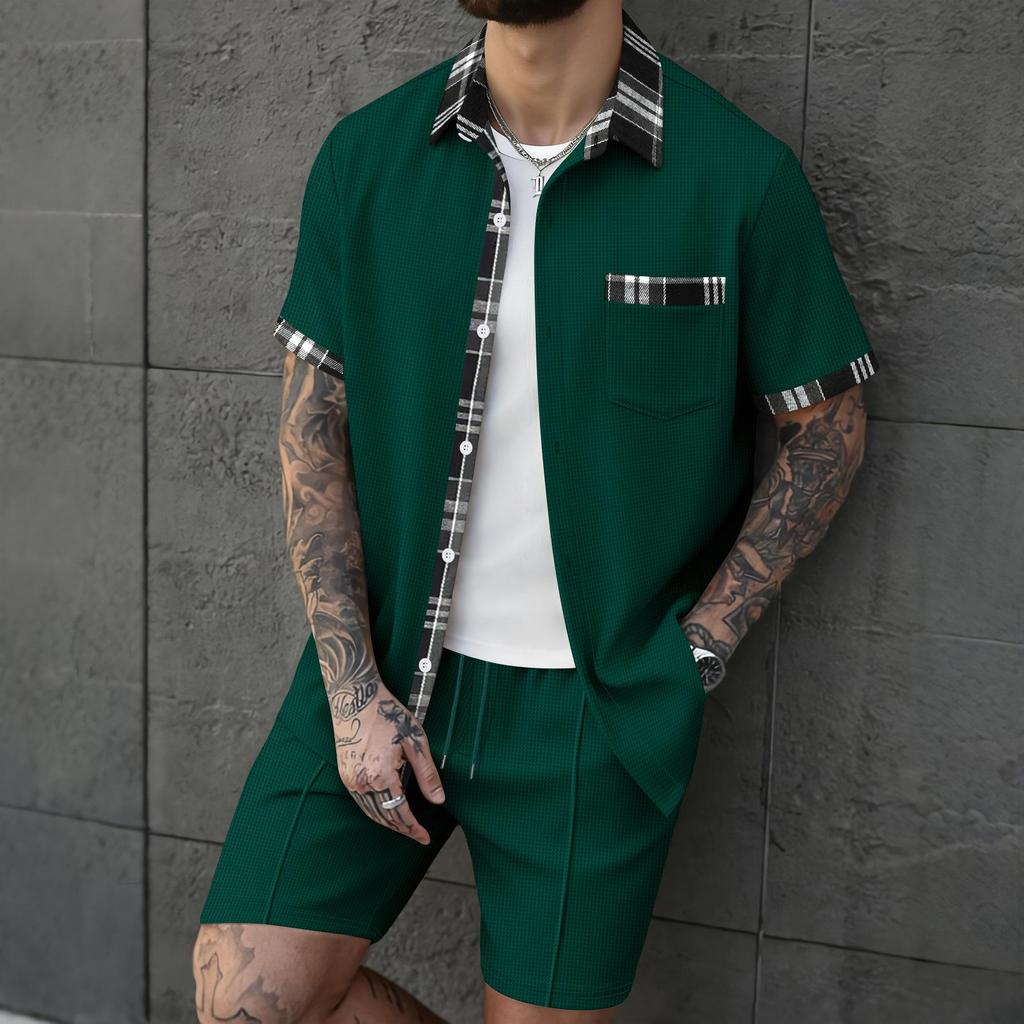 Men's Breathable Waffle Plaid Patchwork Short Sleeve Cardigan & Shorts Set
