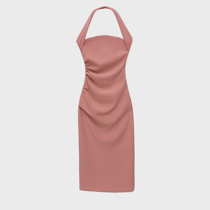 French Exquisite Retro Summer Halter Dress - Slim Fit, Bodycon with Slit, Spaghetti Straps, Royal Sister Style.