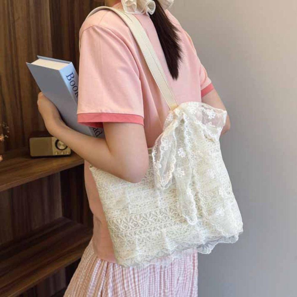 Korean Style Lace Shoulder Bag With Ribbon Large Capacity Bag Simple Canvas Handbag Travel