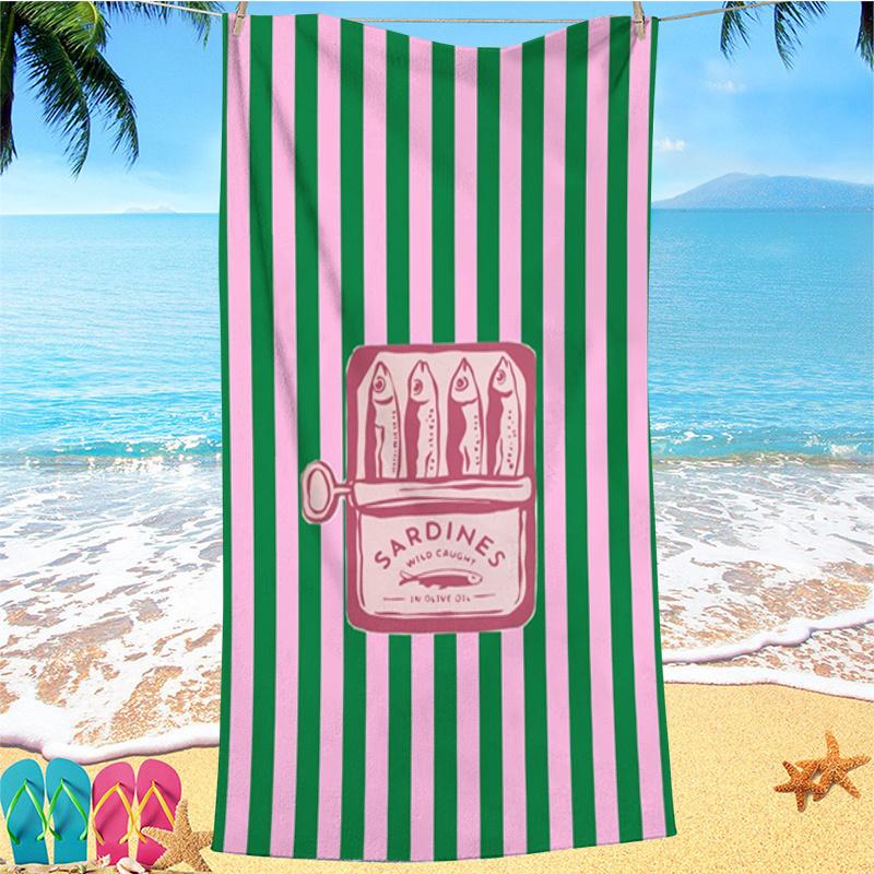 Pink White Stripe Vintage Sardine Can Graphic Beach Towel Lightweight Microfiber Matched To Coastal Picnic Leisure Hours