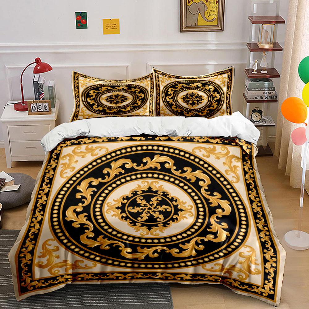 3Pcs Baroque Style Bedding Set, Gold Black Beige Ornate Pattern Print Duvet Cover + 2 Pillowcases, Luxury Decor