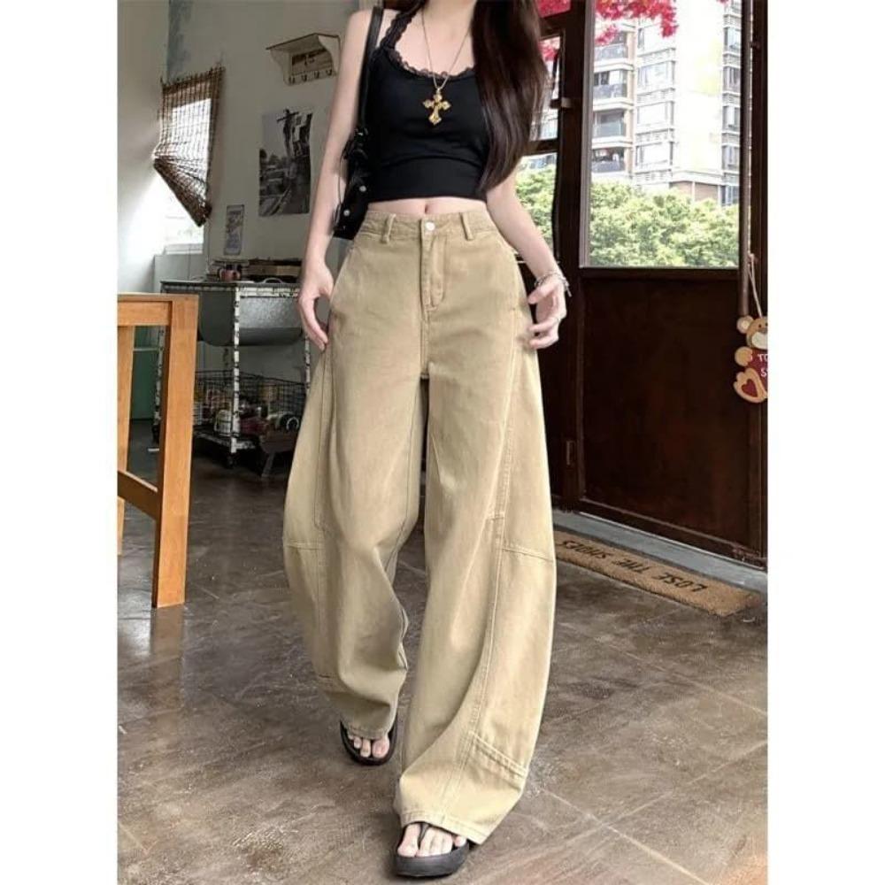 Women's High Rise Barrel Leg Pants Loose Fit Vintage Khaki Washed Denim Jeans Summer Floor Length Wide Leg Trousers