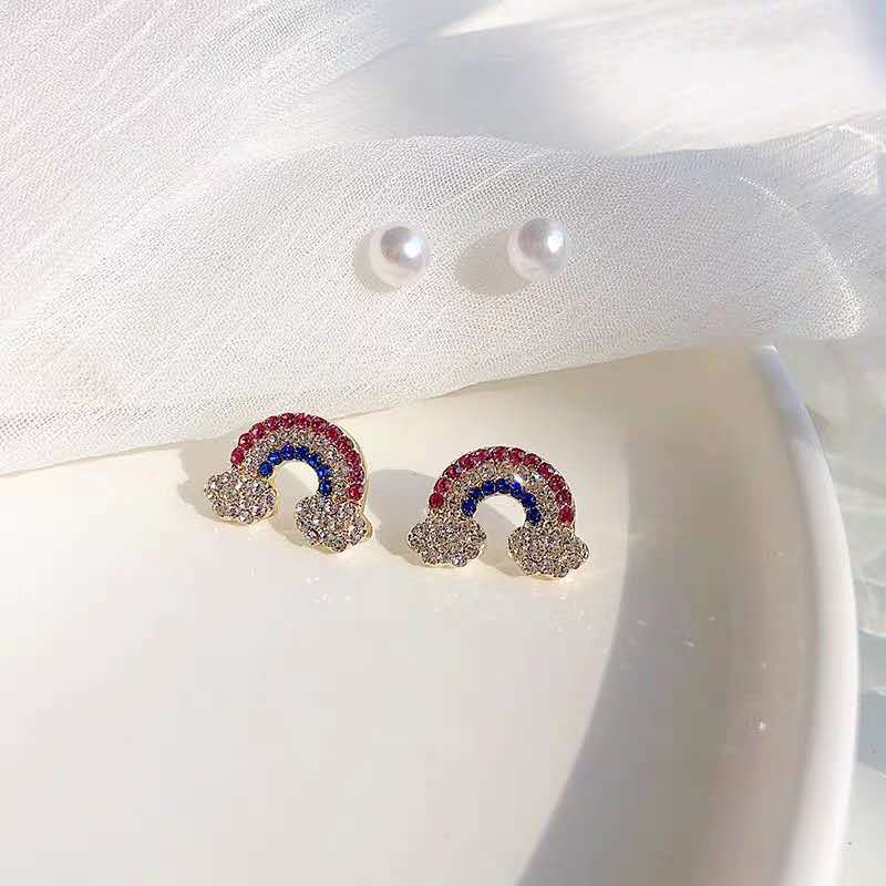 Small Fresh Rainbow Earrings Women's Simple and Small Stud Earrings Set Silver Needle 2025 New Trendy Sweet Girl Ears