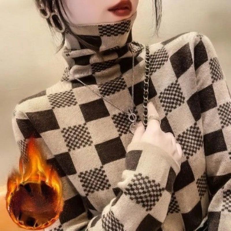 

Plaid Turtleneck Sweater Women s Fashionable Autumn and Winter Pile Collar Bottoming Shirt Top 3XL
