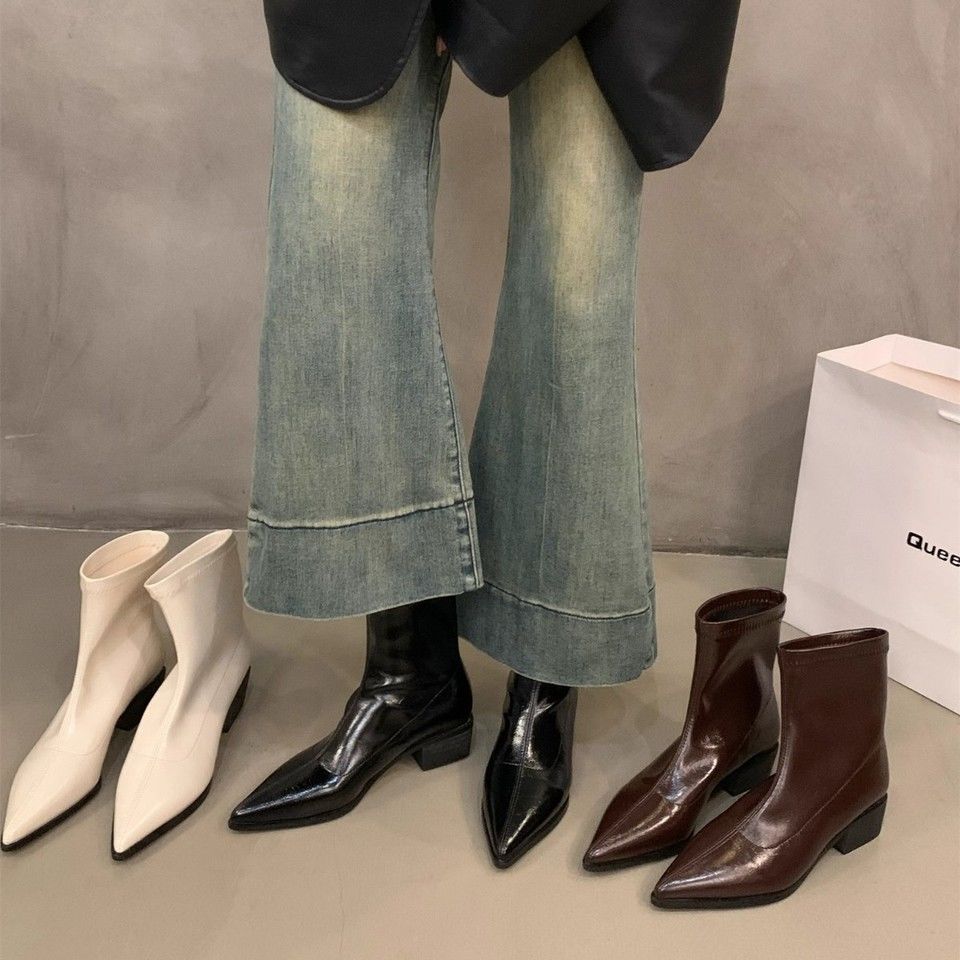 Korean small bare boots, black pointed short boots, women's shoes 2025 new models, super autumn and winter foreign thick heel thin boots
