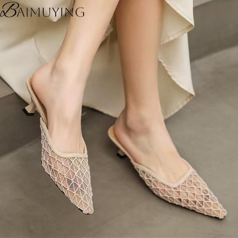 Fashion Pointed Toe Mesh Women Slippers Mules Shoes Woman Summer Heeled Sandals 2025 Fashion Shallow Loafers Sexy Pumps Dress Sandalias