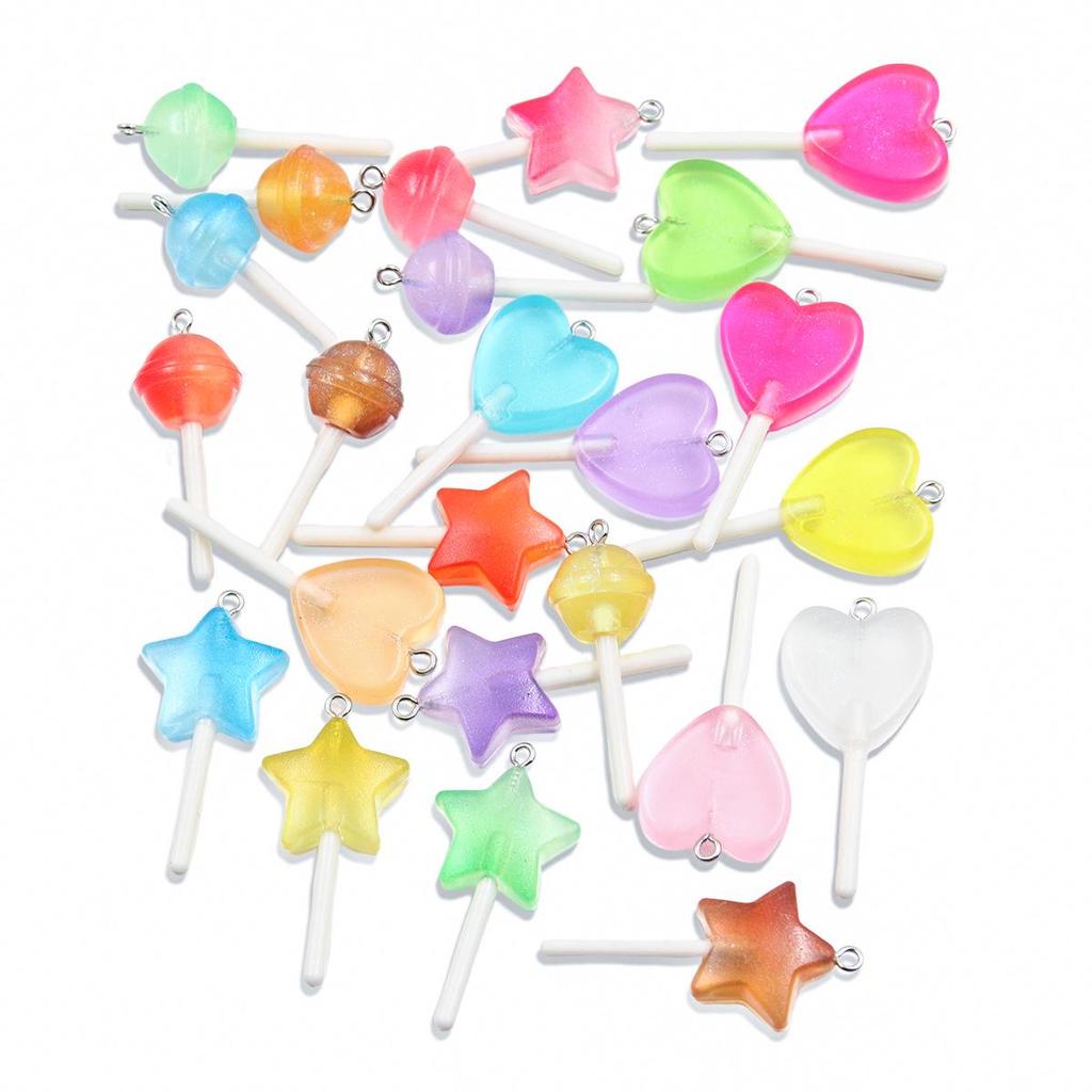 Handmade Glitter Lollipop Resin Star & Heart Pendants - Set of 3 DIY Color Sticks