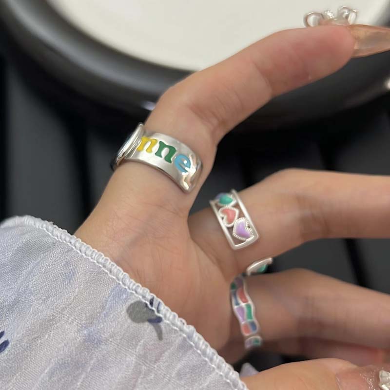Korean Colorful Rainbow Letter Open Rings for Women Girls Vintage Creative Oil Dropping Adjustable Finger Couple Ring Jewelry