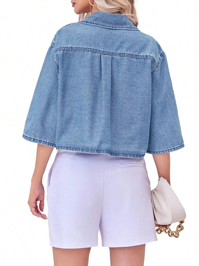 Womens Cropped Denim Shirt Jacket Half Sleeve Button Down Jean Jacket