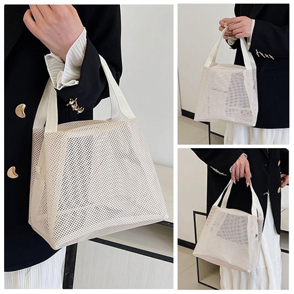 Large Capacity Cosmetic Zipper Pouch Casual Toiltery Makeup Bag Mesh Tote Beach Bag Beach