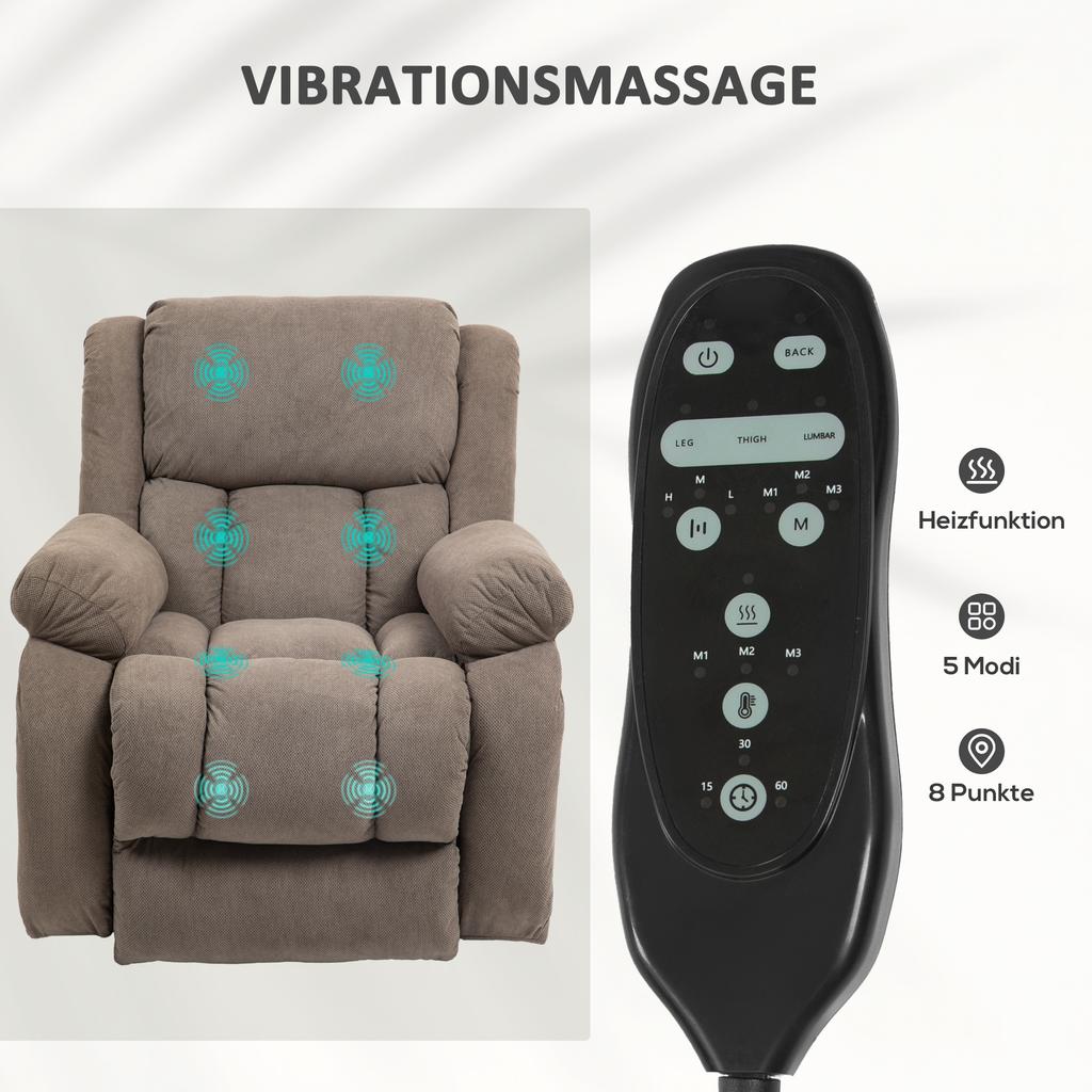 TV Recliner with Massage and Heat Function, Electric Lift Chair, Remote Control, Side Pockets, Light Brown
