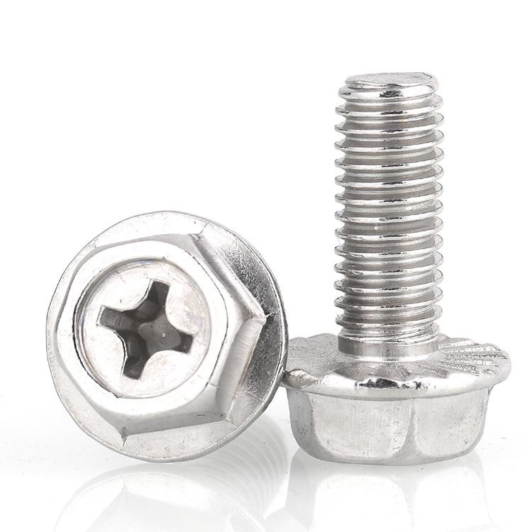 304 Stainless Steel Phillips Flange Screw with Hexagon Recessed Head and Washer Teeth.