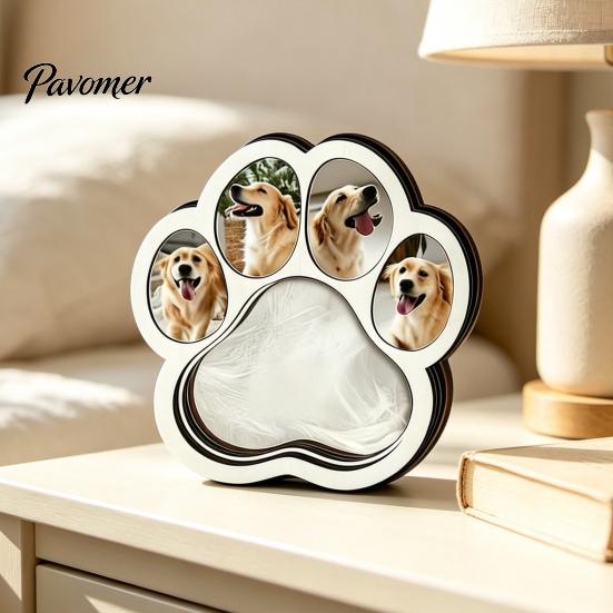 Pet Keepsake Memorial Frame Wooden Paw‑Shaped Picture Frame, Photo with Fur Box Storage Compartment, Loss Remembrance Tabletop Ornament for Dog Cat
