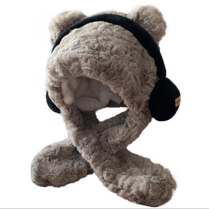 Women's Bear Earphones Hat: Warm Hooded Scarf with Plush Ear and Neck Protection for Autumn/Winter