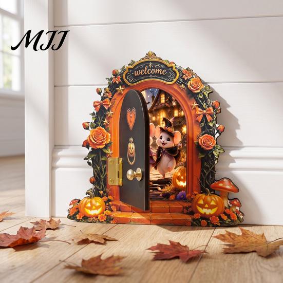 Unique Halloween Shelf Decor Mouse Hole Wall Decoration, Retro Arched Fairy Door with Pumpkin Cute Room Accessories & Flower Decor, Miniature Openable