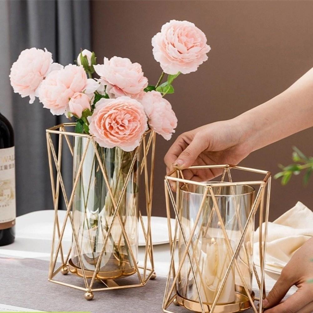 Nordic Metal Flower Vase Glass Flower Arrangement Candle Holder Decorative Vase For Living Room Bedroom