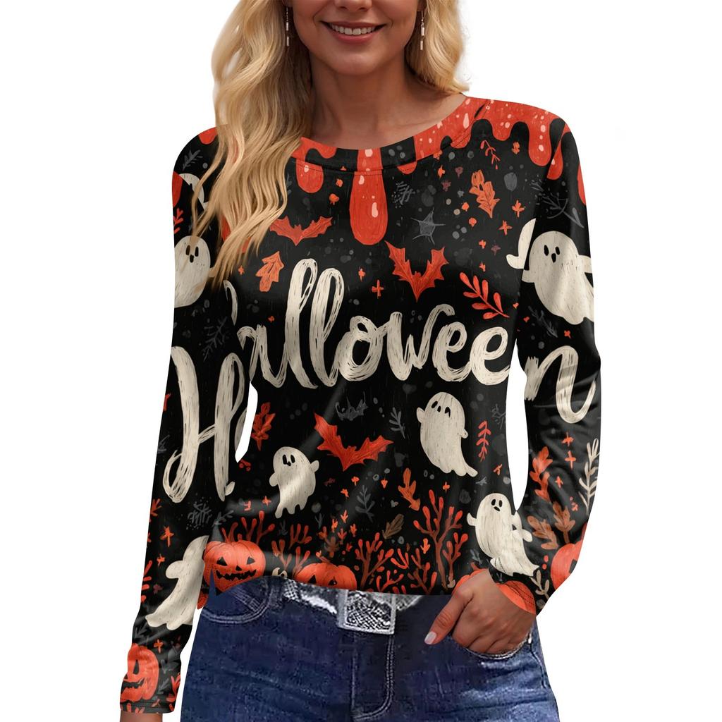 Mote Casual Langermet Trykk Rund Hals Pullover Topp Bluse for Kvinner