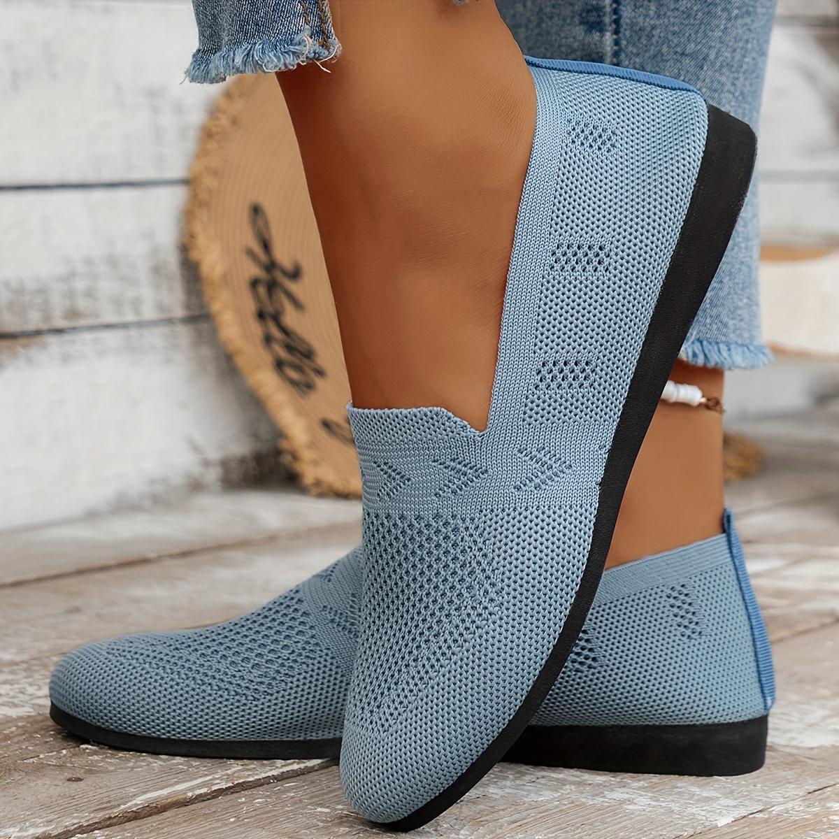 

Вязаные туфли с круглым носком, женские однотонные сетчатые туфли без застежек, дышащая повседневная обувь 42 синий