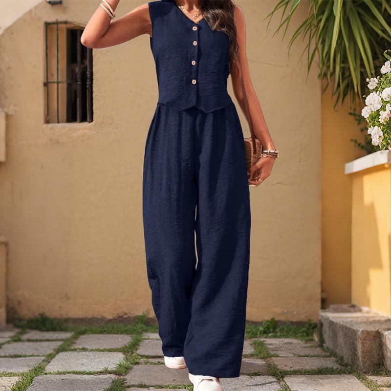 

ZANZEA Женские топы без рукавов и брюки Летние костюмы-двойки 3XL темно-синий