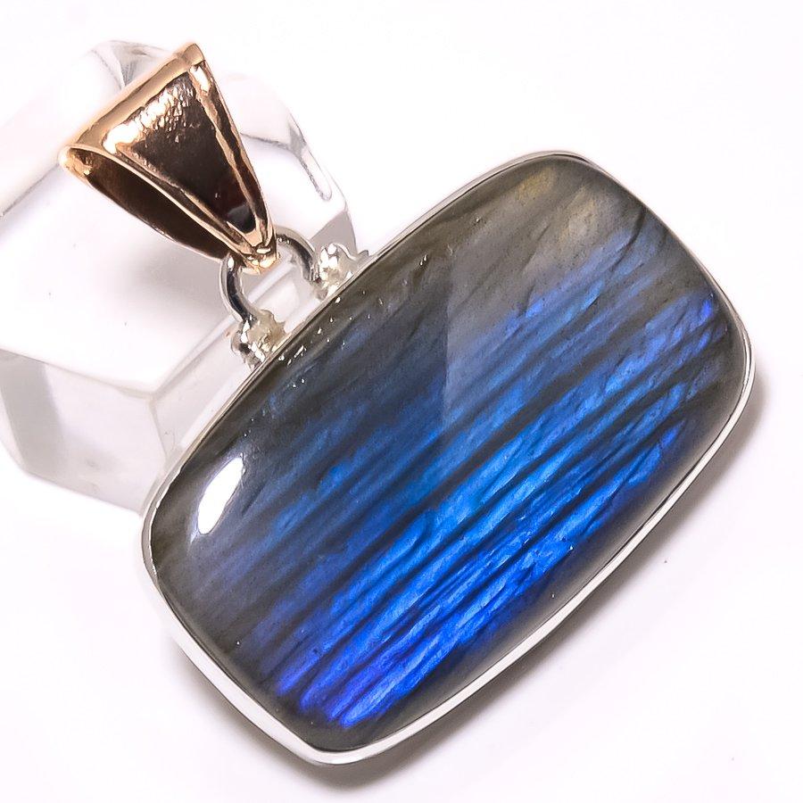Natural Labradorite Gemstone 925 Sterling Silver Two Tone Pendant 1.34" N3S65