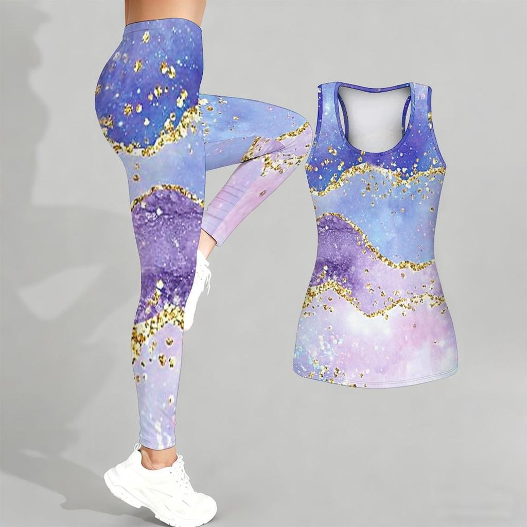 Marble Veining Printed Yoga Outfit for Women Fashion Workout Leggings Fitness Sports Casual Yoga Set Sports Suit