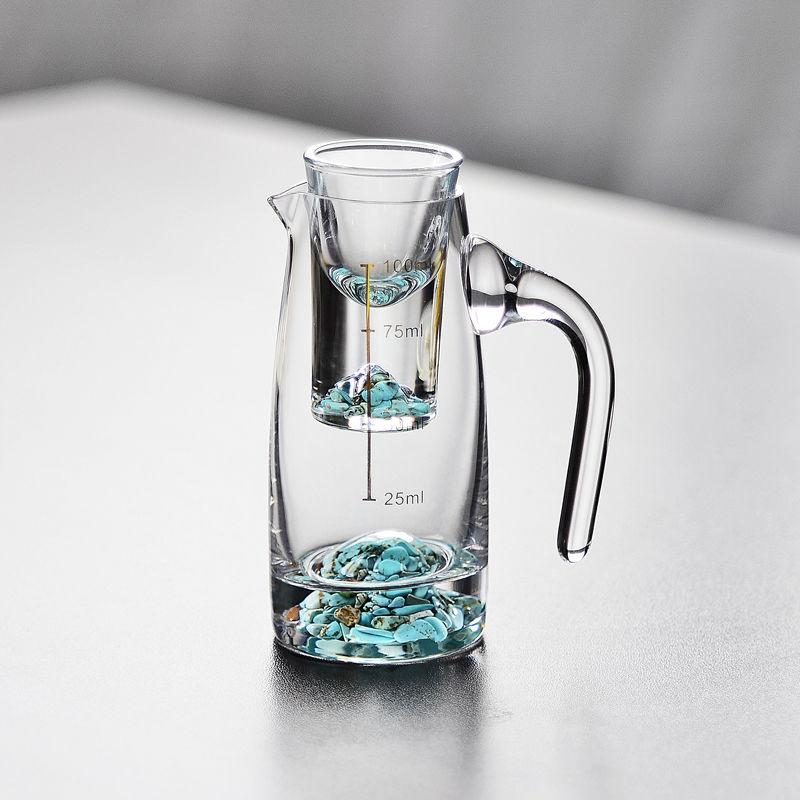 כוס Baijiu סינית הר כחולה קרח סט 1 זכוכית 1 קנקן 100 מ"ל 1 כוס יין גביע 15 מ"ל מתקן יין שקוף סקאלה