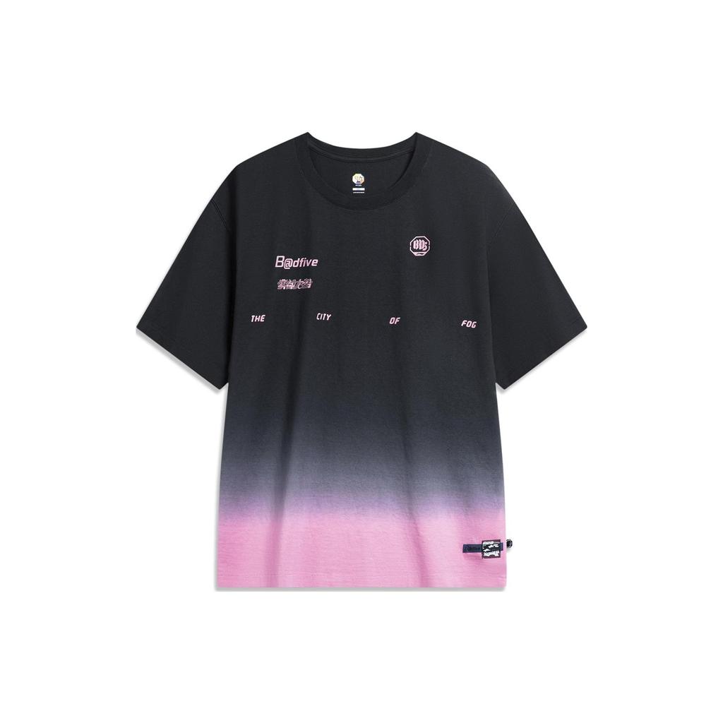 Li Ning Badfive Seven Cities Collaboration Gradient Letter Round Neck Loose Short Sleeve T-Shirt Unisex T-Shirt Black Xianxia-Pink AHST877-1