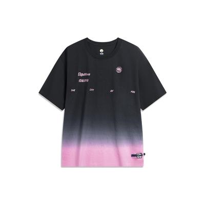 Li Ning Badfive Seven Cities Collaboration Gradient Letter Round Neck Loose Short Sleeve T-Shirt Unisex T-Shirt Black Xianxia-Pink AHST877-1