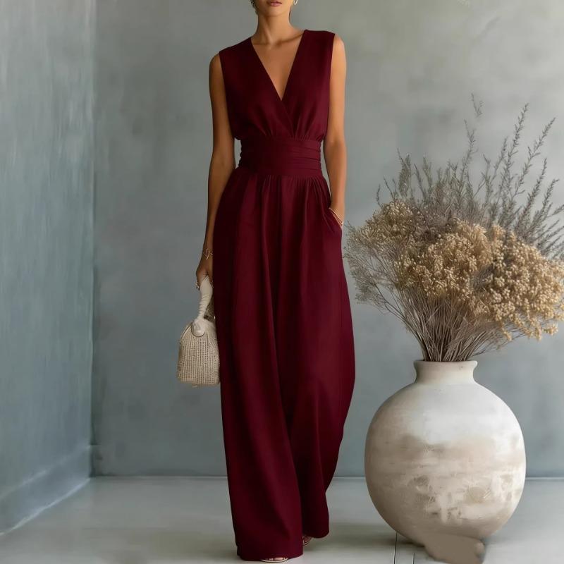Tuta da donna azzurro chiaro senza maniche con scollo a V, vita alta, gamba larga, con tasche