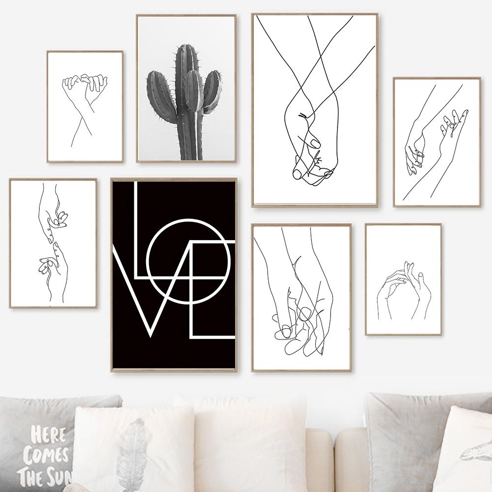 

Постер с любовью в скандинавском стиле, черный, белый цвет, холст, картина, кактус, ручная линия, искусство, скандинавские настенные панно, украшение для гостиной, дома