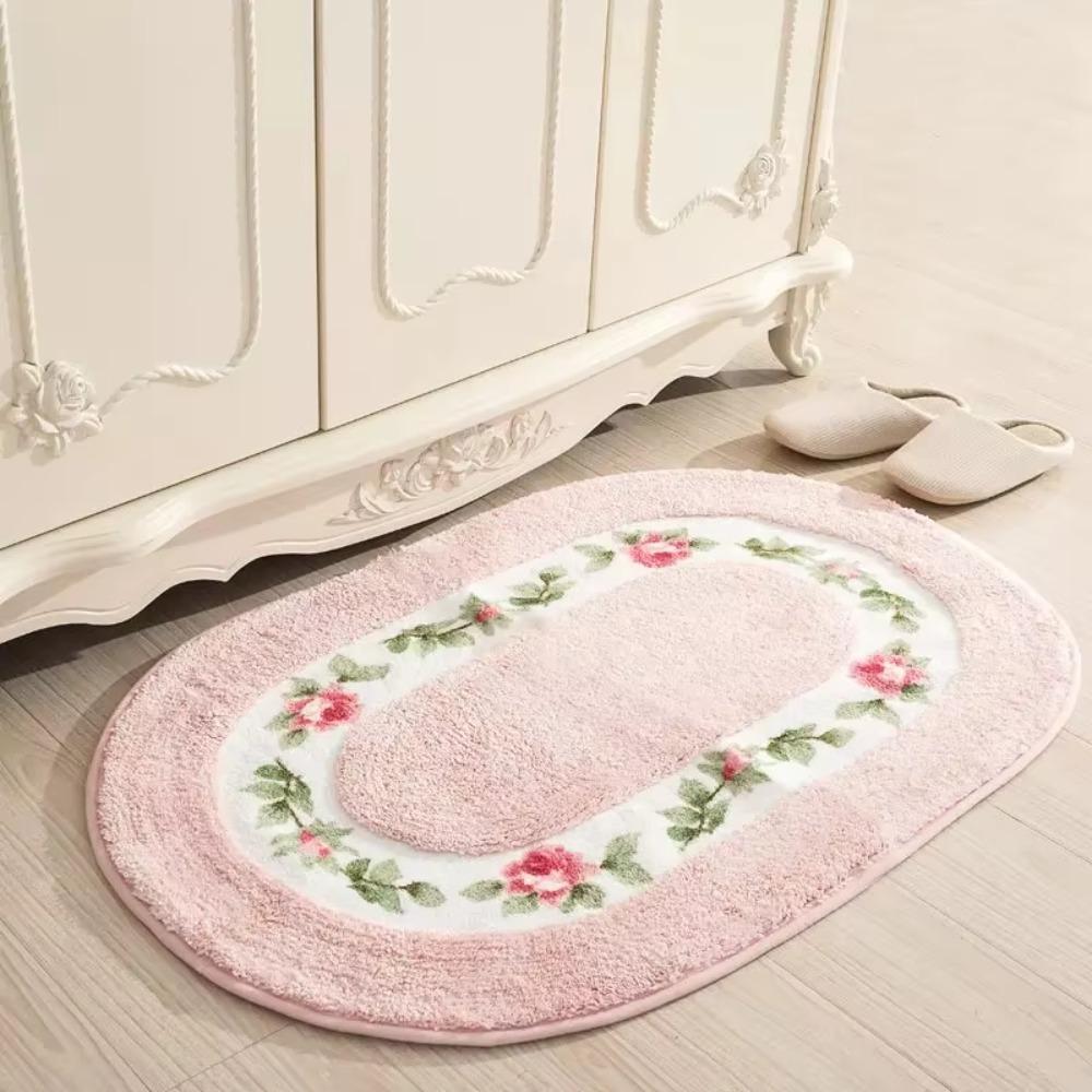 Fluffy Oval Floor Rug Nonslip Bath Mat Household Rose Pattern Door Mat Home Decoration