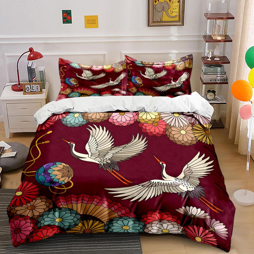 Floral Crane Pattern Decor Set Multiple Sizes Kid'S And Adults' Bedroom Exquisite 3Pc Bedding Set, Gift