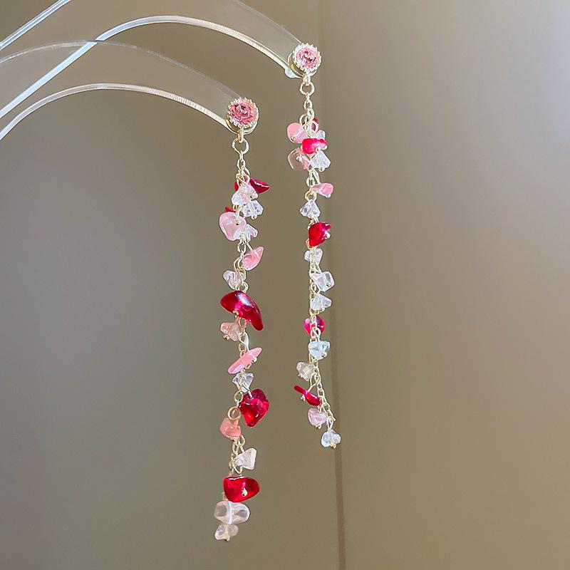 Silver Needle Chiffon Flower Tassel Earrings, Sweet Mori Style, Dopamine Trend, Versatile Women’s Earrings