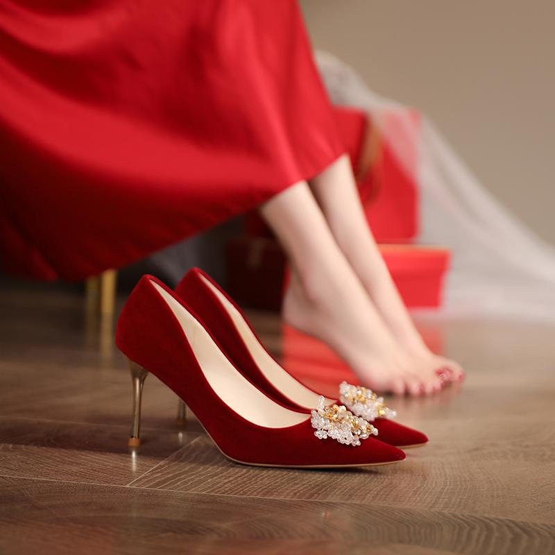 Fashion Fashion New Flocked High Heels Pointed Toe High Heels Women's Red Bridal Shoes