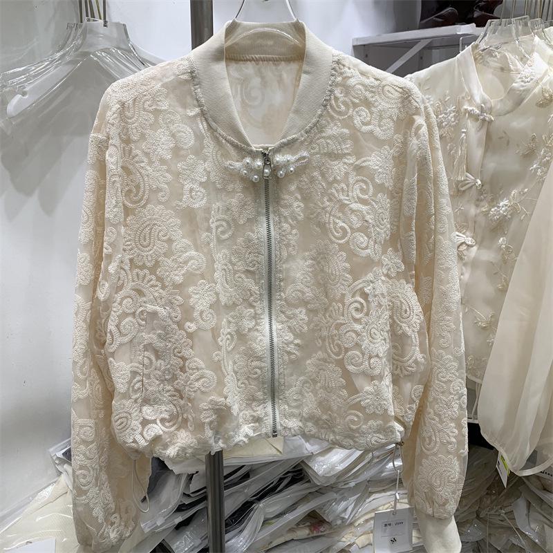 Women's Hollow Lace Jacket with Stand-up Collar - European Style, 2024 Spring, Korean Slimming Fit, Elegant Fragrance-Inspired Design.