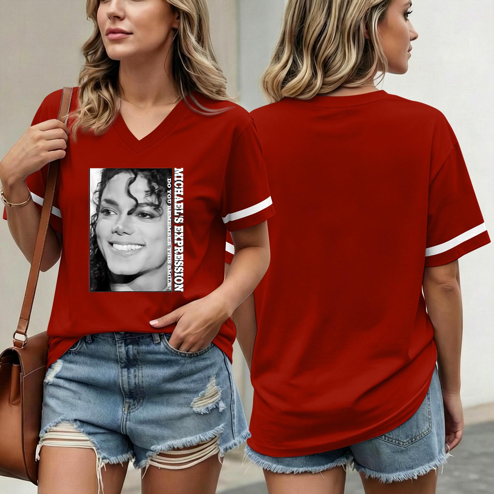 

Women s Fashionable Casual Short Sleeved Printed T-Shirt V-neck Top L красный