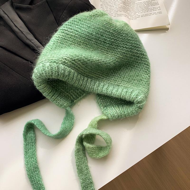 Retro contrasting color balaclava hat women's autumn and winter ear protection bag hat big head circumference warm versatile wool hat