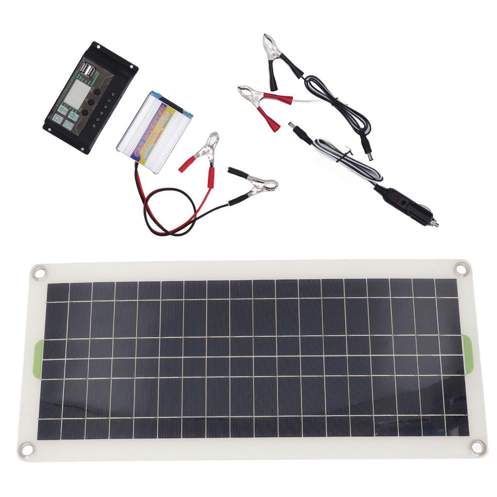 12V 30W Portable Solar Panel Kit with 220W Inverter Controller Polysilicon High Efficiency 2 USB Por