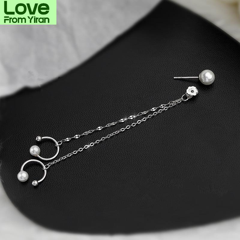 1 Pcs 925 Sterling Silver Pearl Tassel Round Bead Stud Earrings For Women Wedding Female Pendientes Eh774
